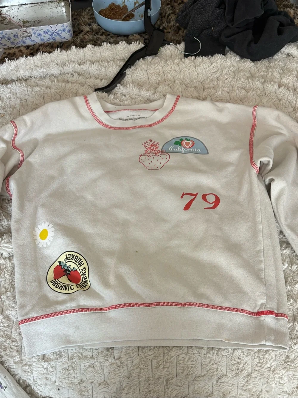 Girls' Cream Sweatshirt with Red Stitching and Strawberry Graphics